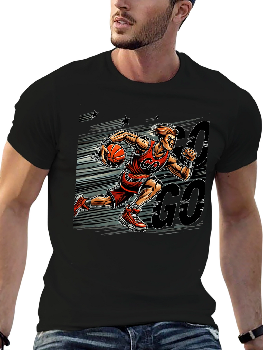 Basketball Player GO Graphic Print Black T-Shirt