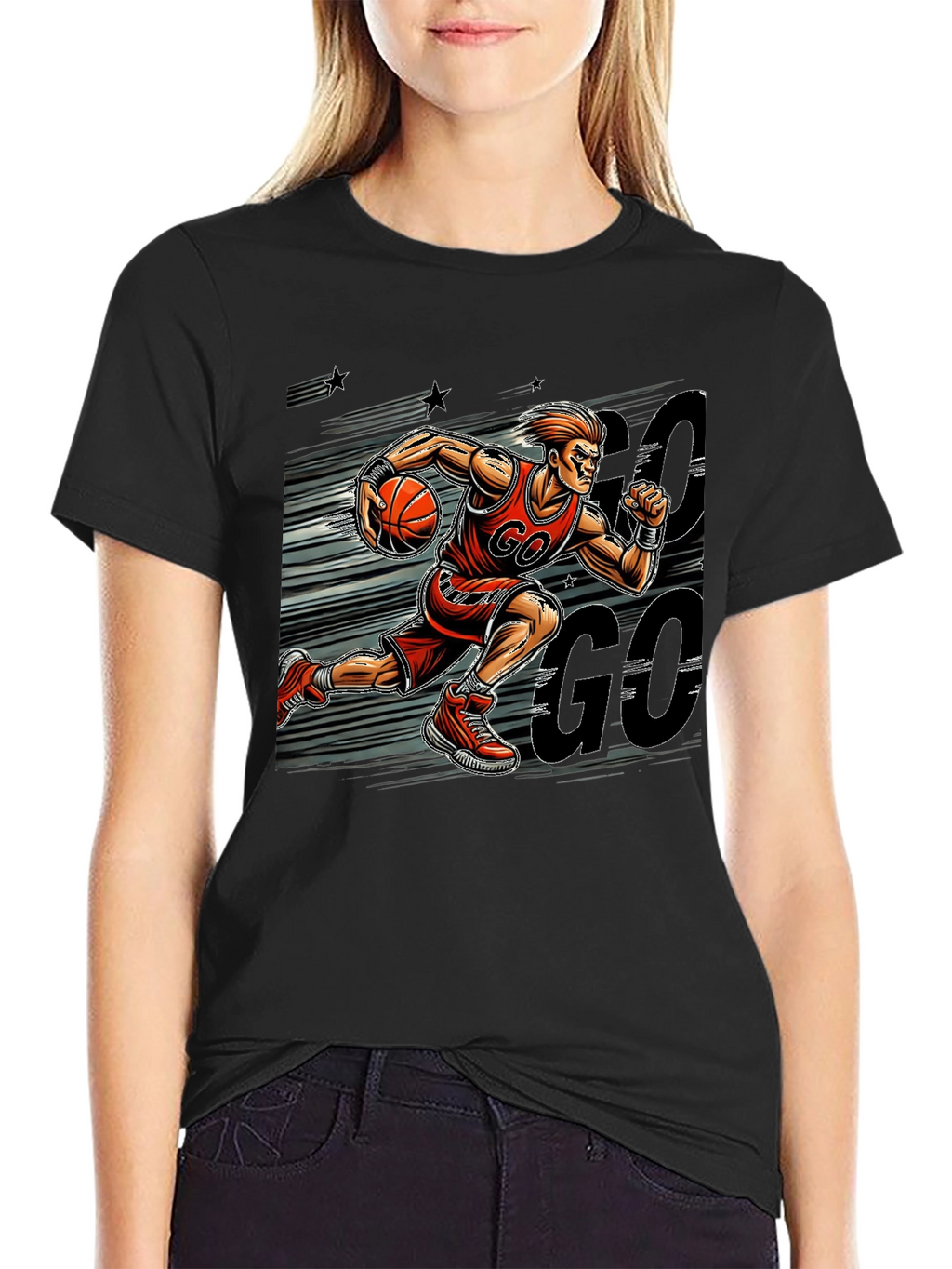 Basketball Player GO Graphic Print Black T-Shirt