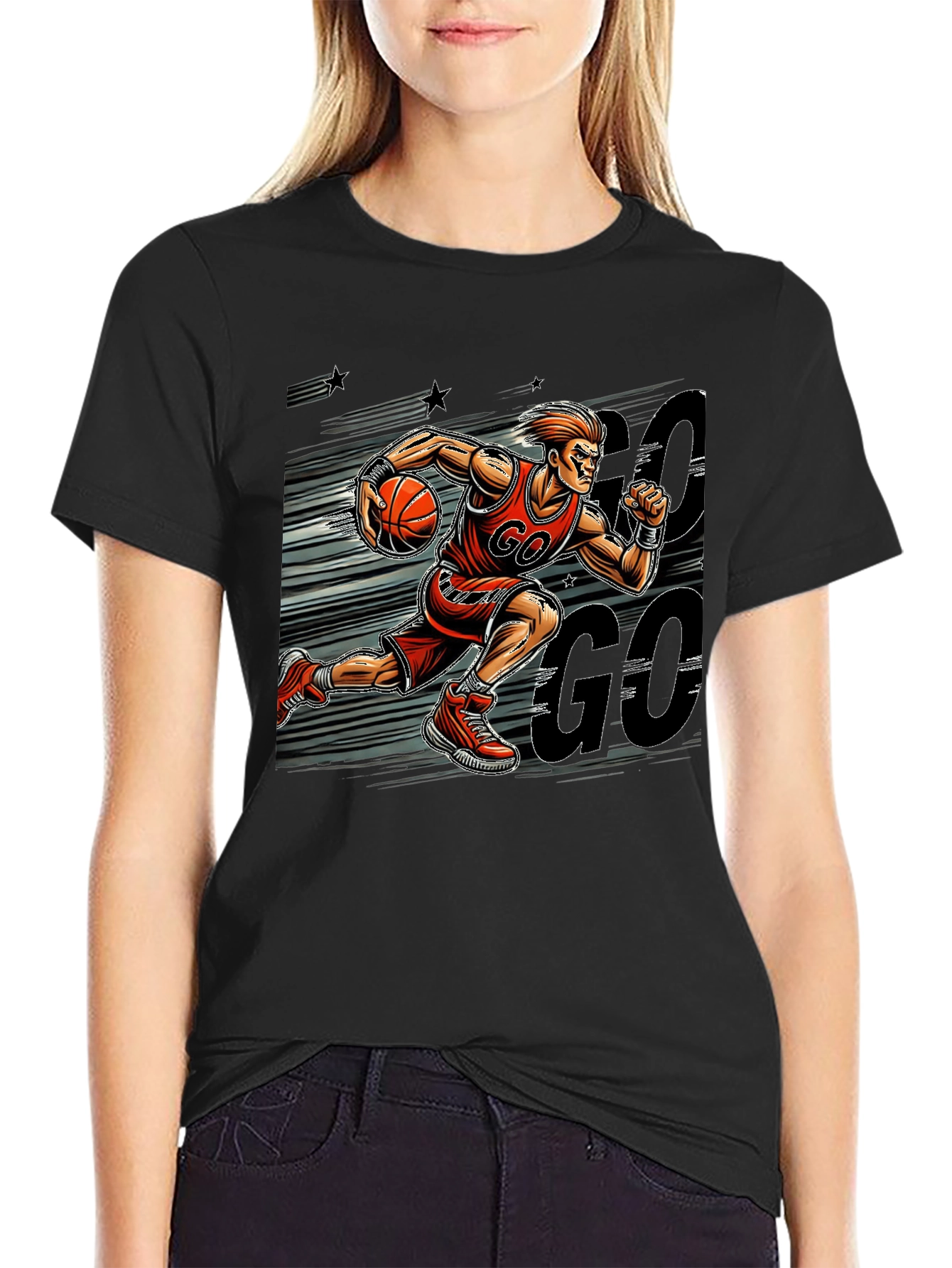 Basketball Player GO Graphic Print Black T-Shirt