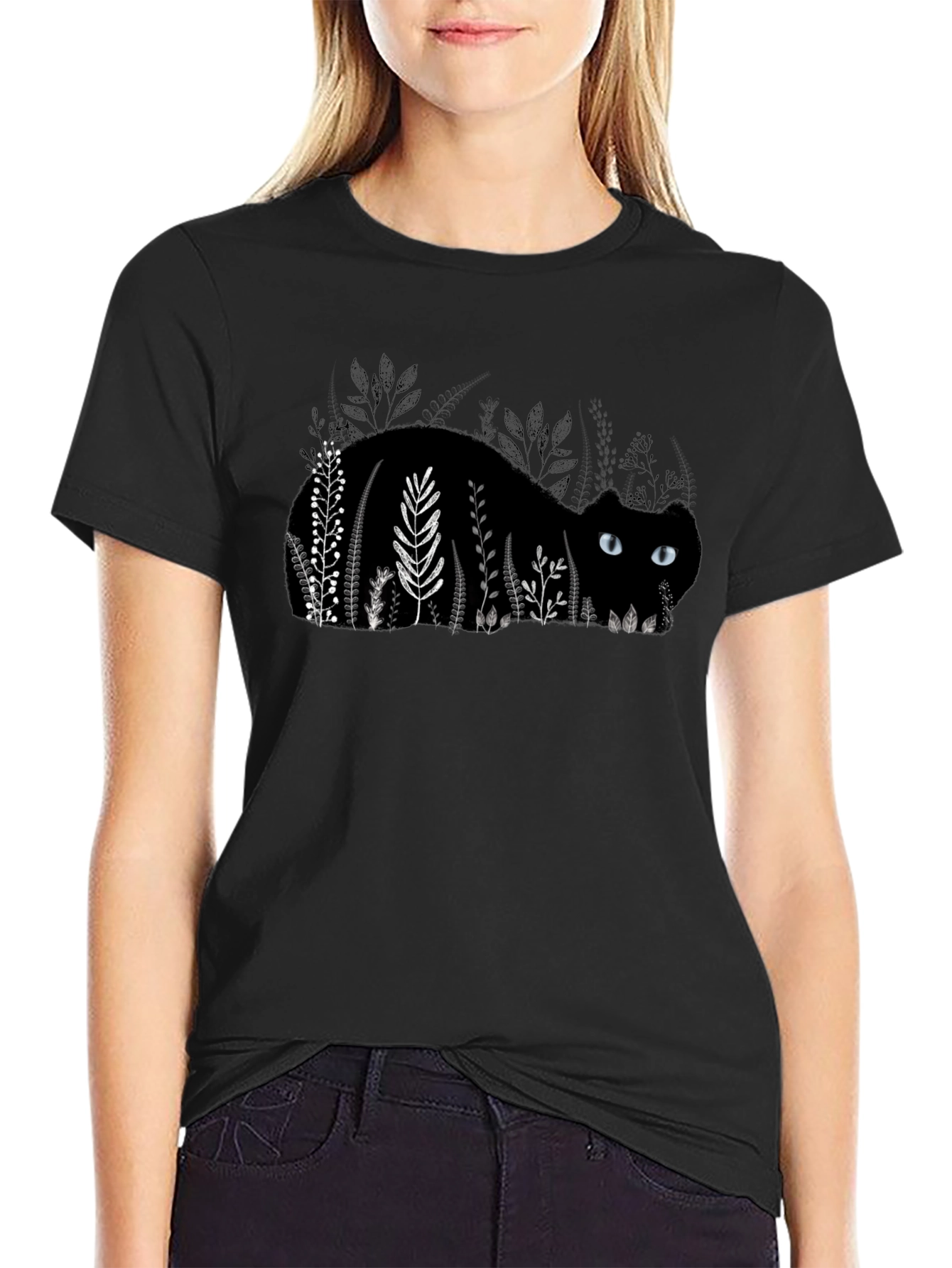 Black Cat in Garden T-Shirt