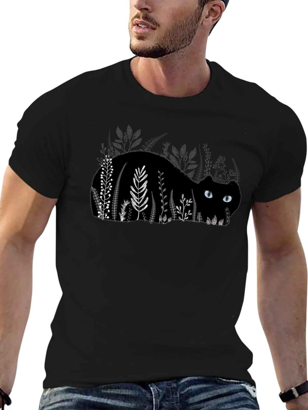 Black Cat in Garden T-Shirt