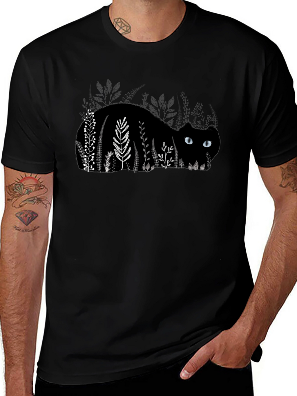 Black Cat in Garden T-Shirt