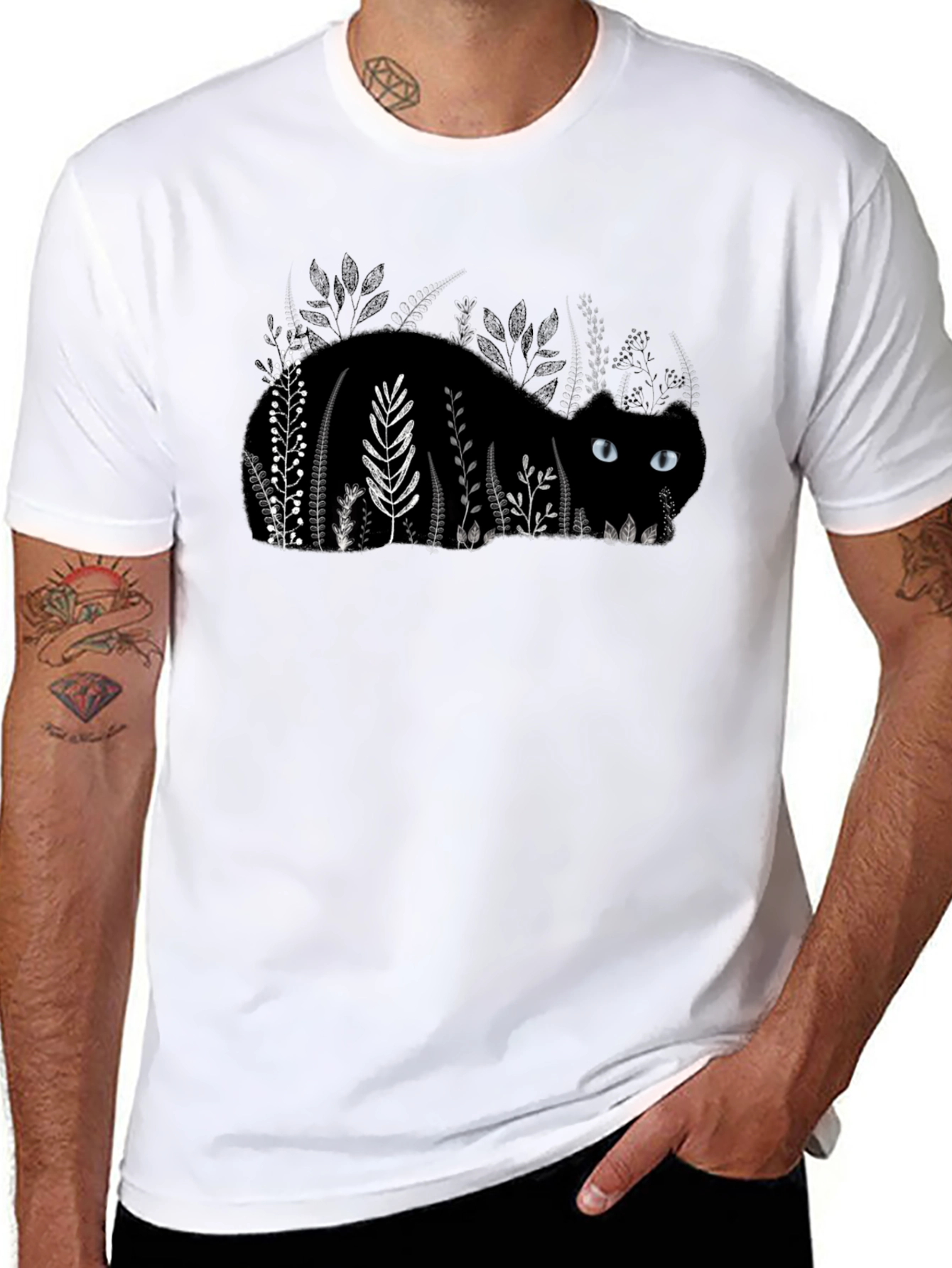Black Cat in Garden T-Shirt