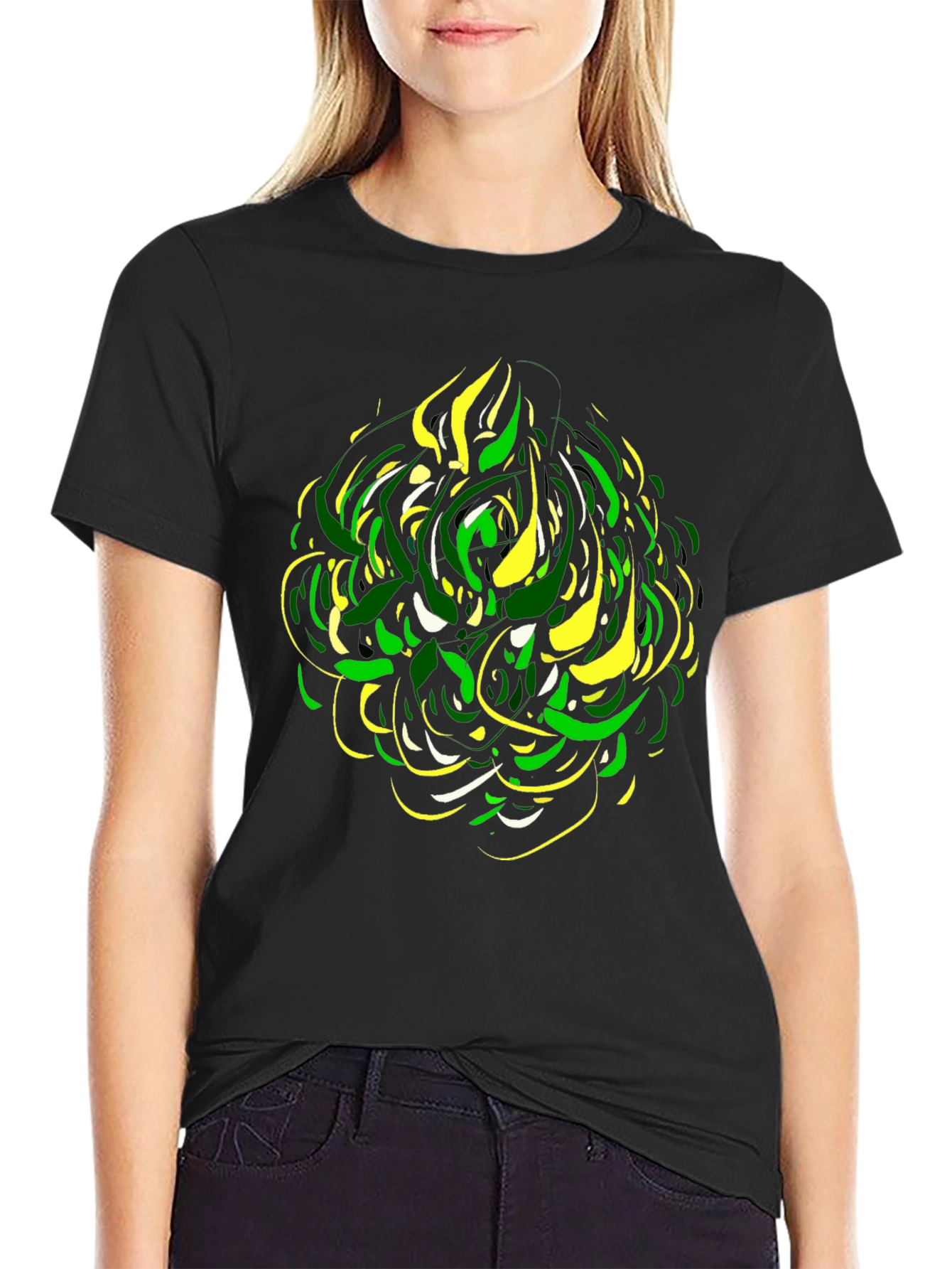 Abstract Green & Yellow Graphic Print Black Tee