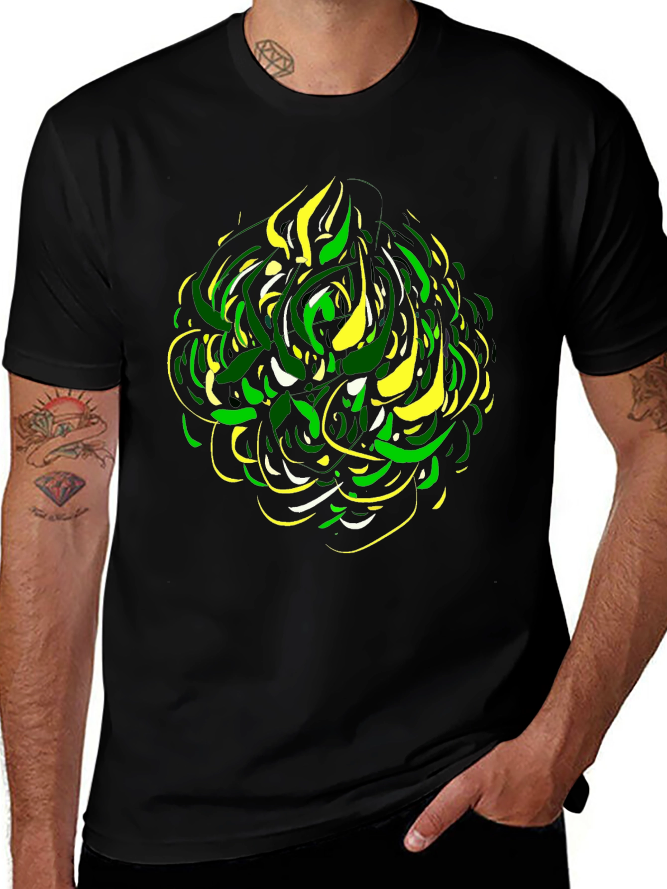 Abstract Green & Yellow Graphic Print Black Tee