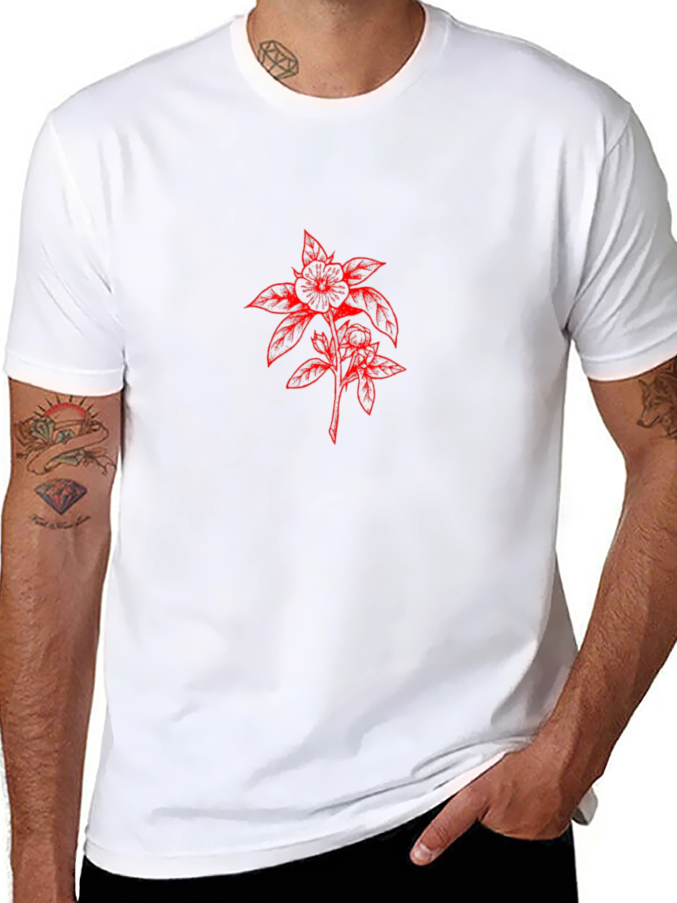 Black T-Shirt with Red Floral Design