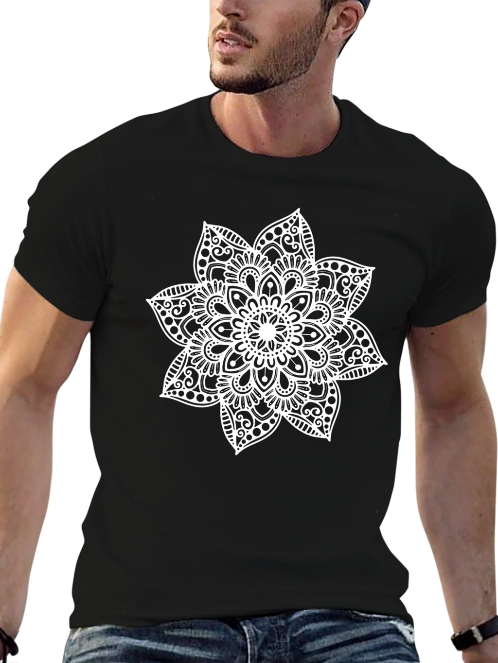 Black Tee with White Mandala Design