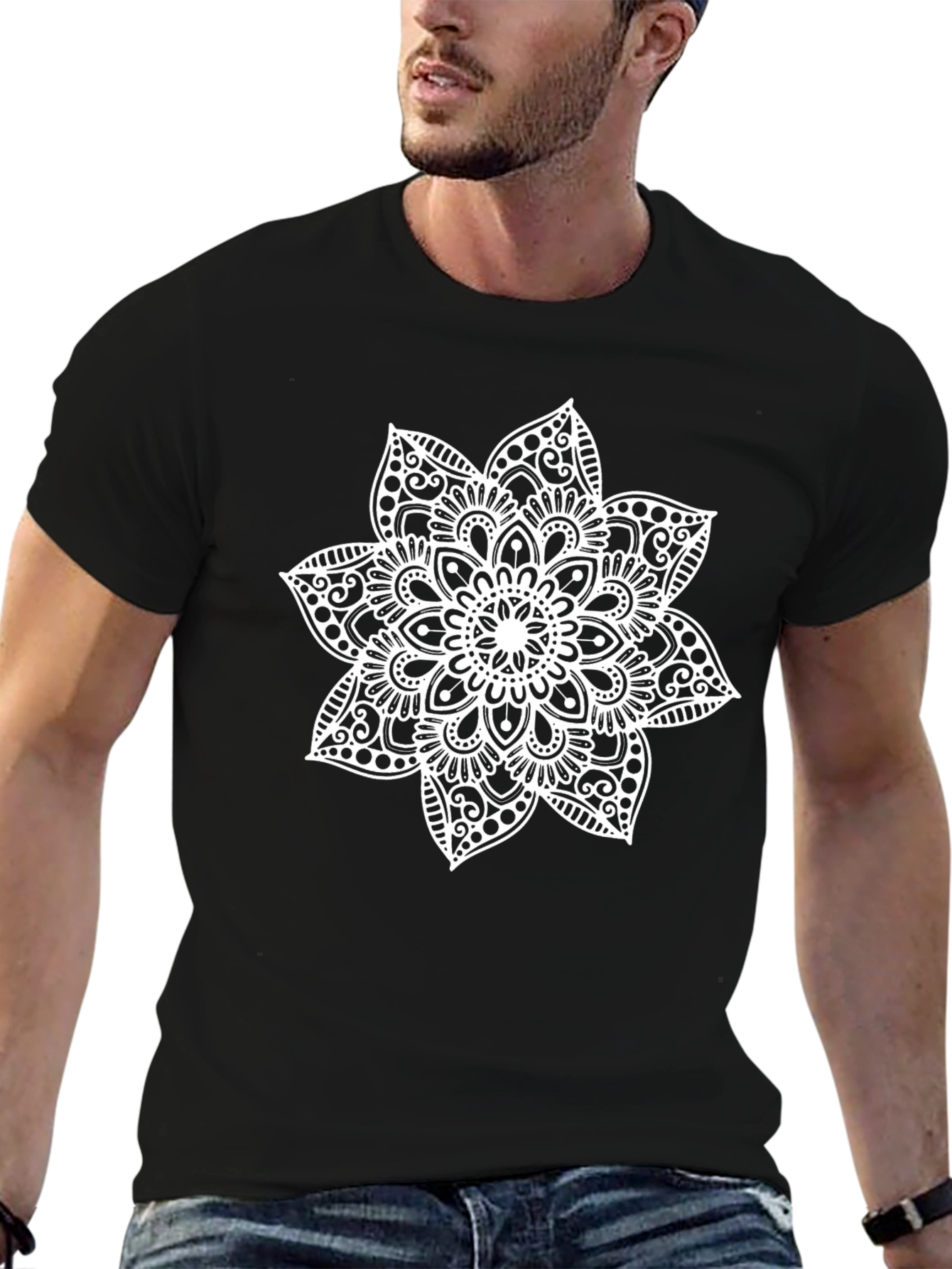 Black Tee with White Mandala Design