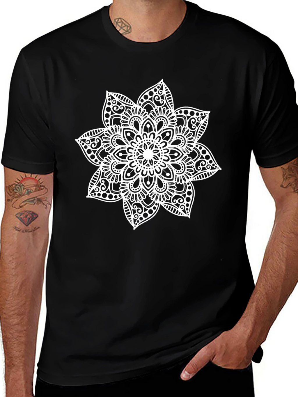 Black Tee with White Mandala Design