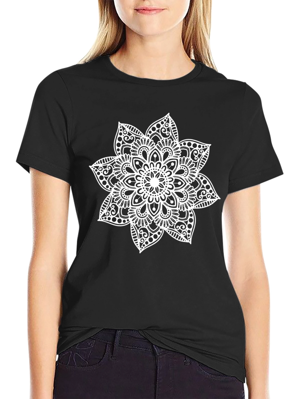 Black Tee with White Mandala Design
