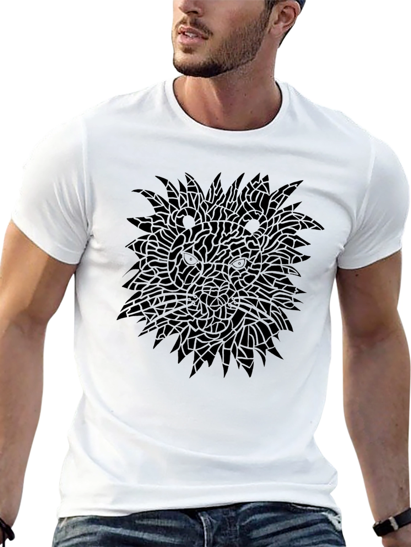 Black Graphic Tee - Mosaic Lion Design