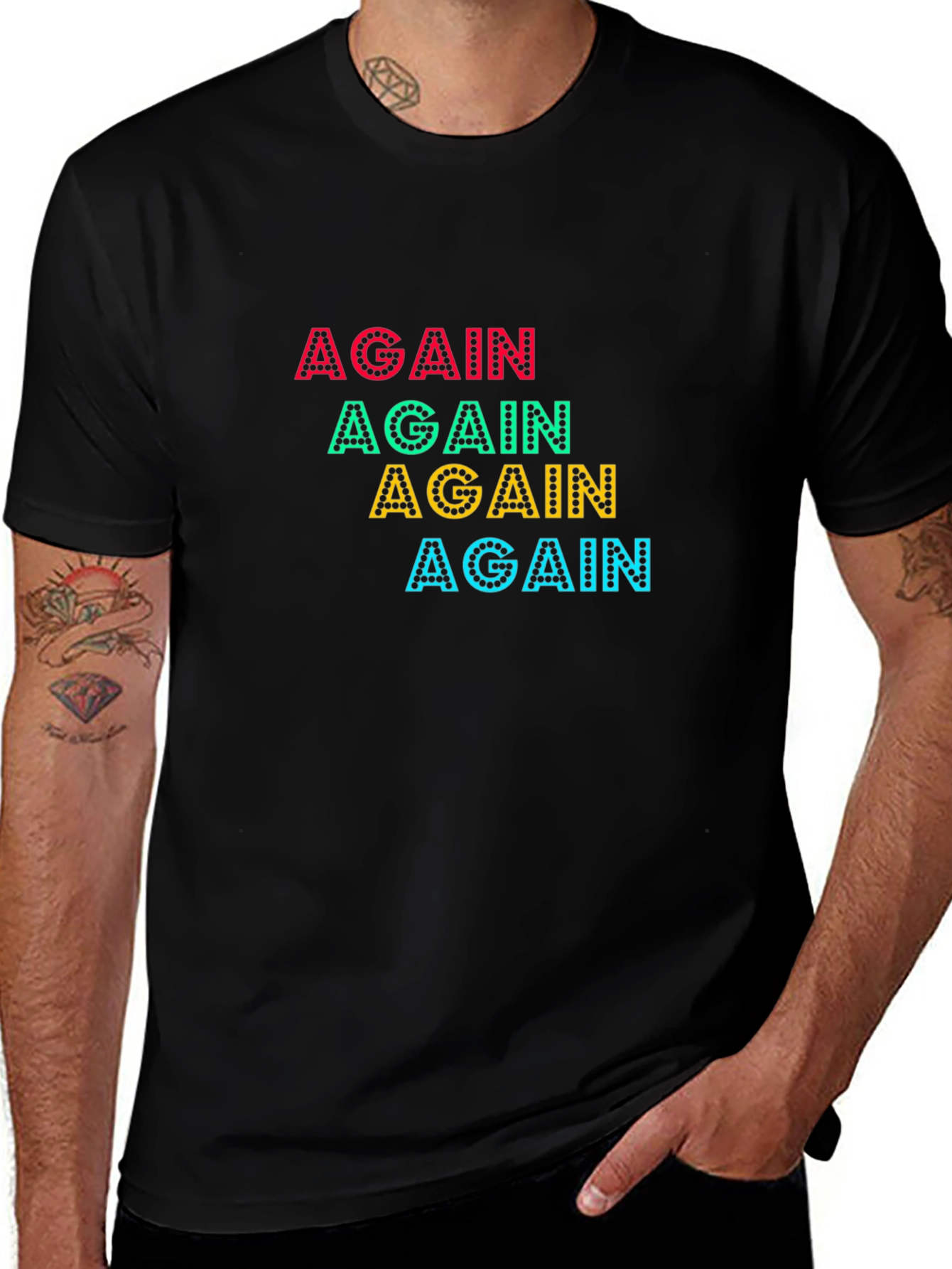 Again Colorful Print Black Cotton T-Shirt