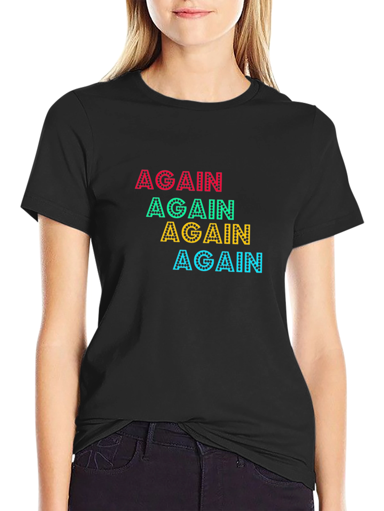 Again Colorful Print Black Cotton T-Shirt
