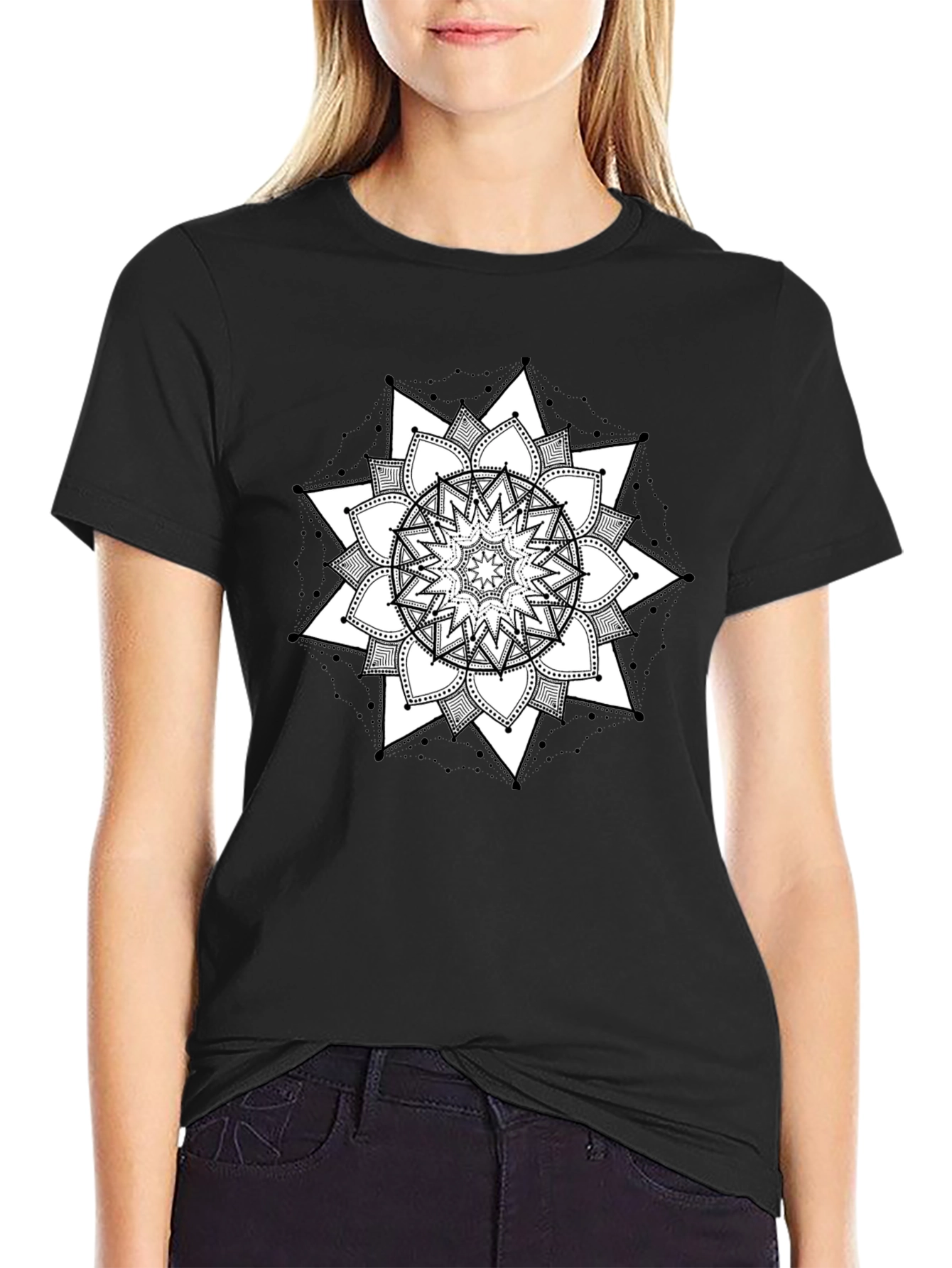 Black Mandala T-Shirt - Geometric Floral Design Tee