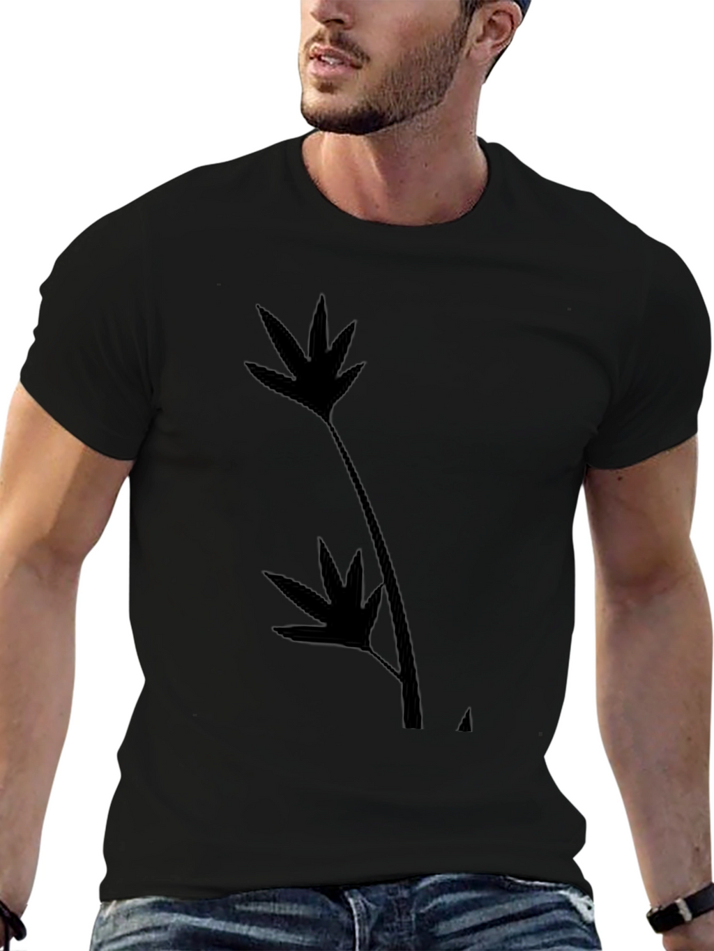Black T-Shirt with Leaf Silhouette Design
