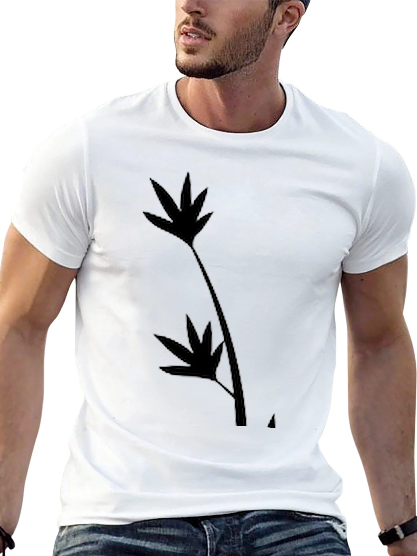 Black T-Shirt with Leaf Silhouette Design