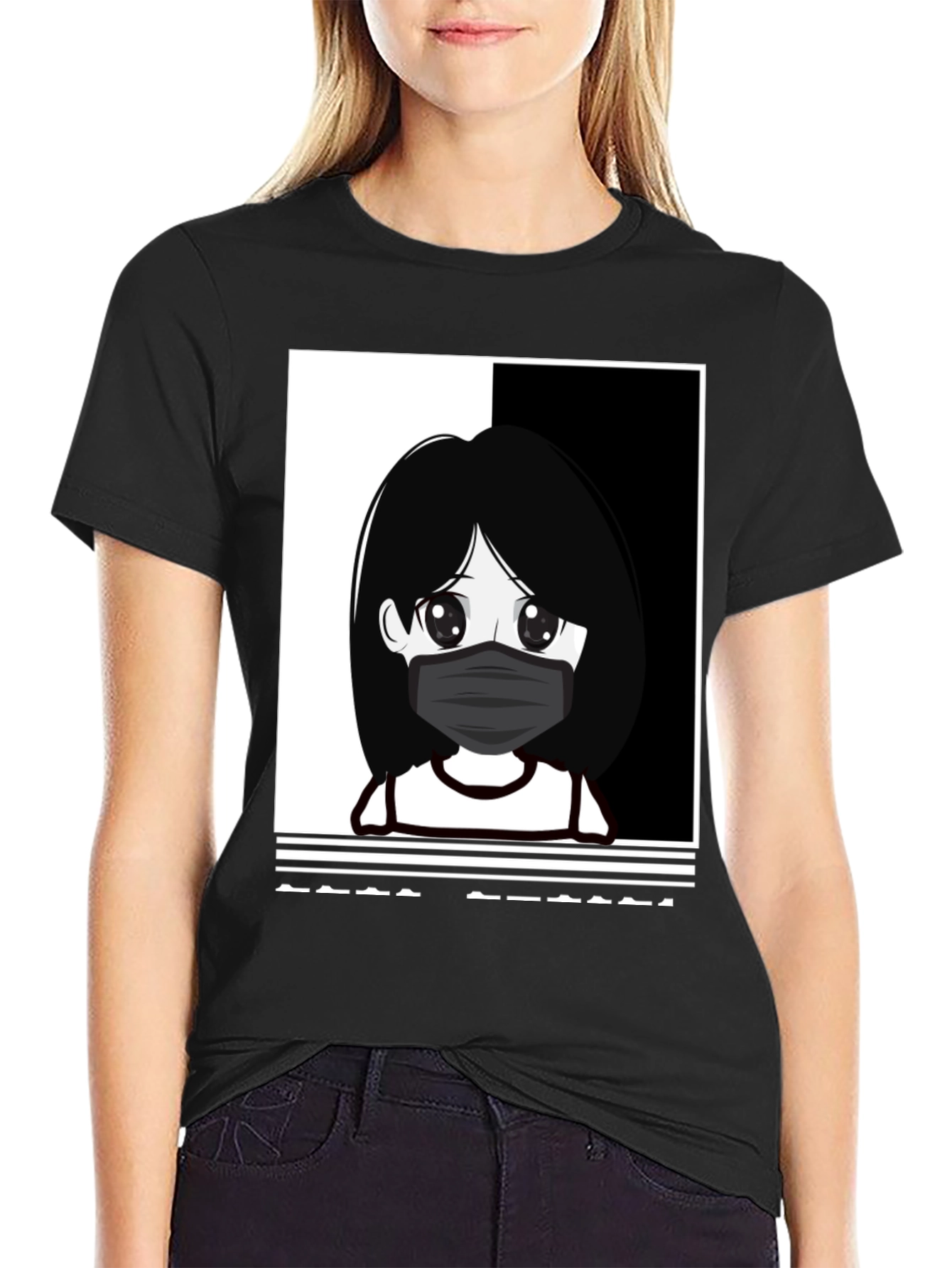 Anime Girl Masked Black T-Shirt