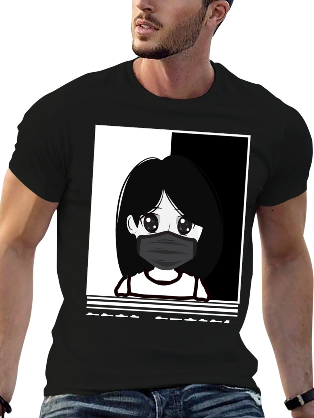 Anime Girl Masked Black T-Shirt