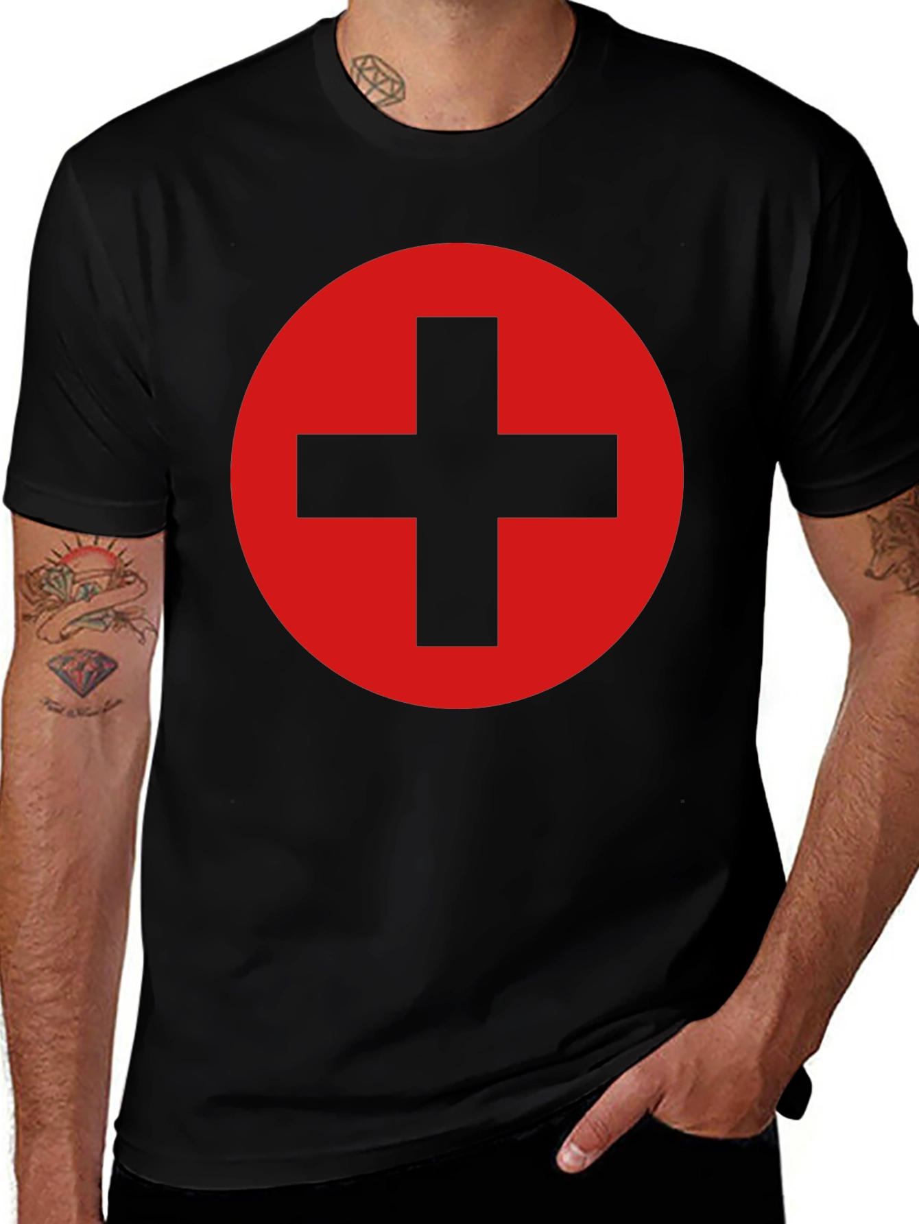 Black Tee with Red Circle and Plus Sign