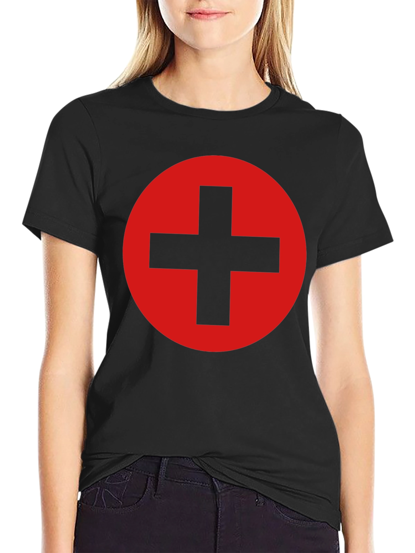 Black Tee with Red Circle and Plus Sign