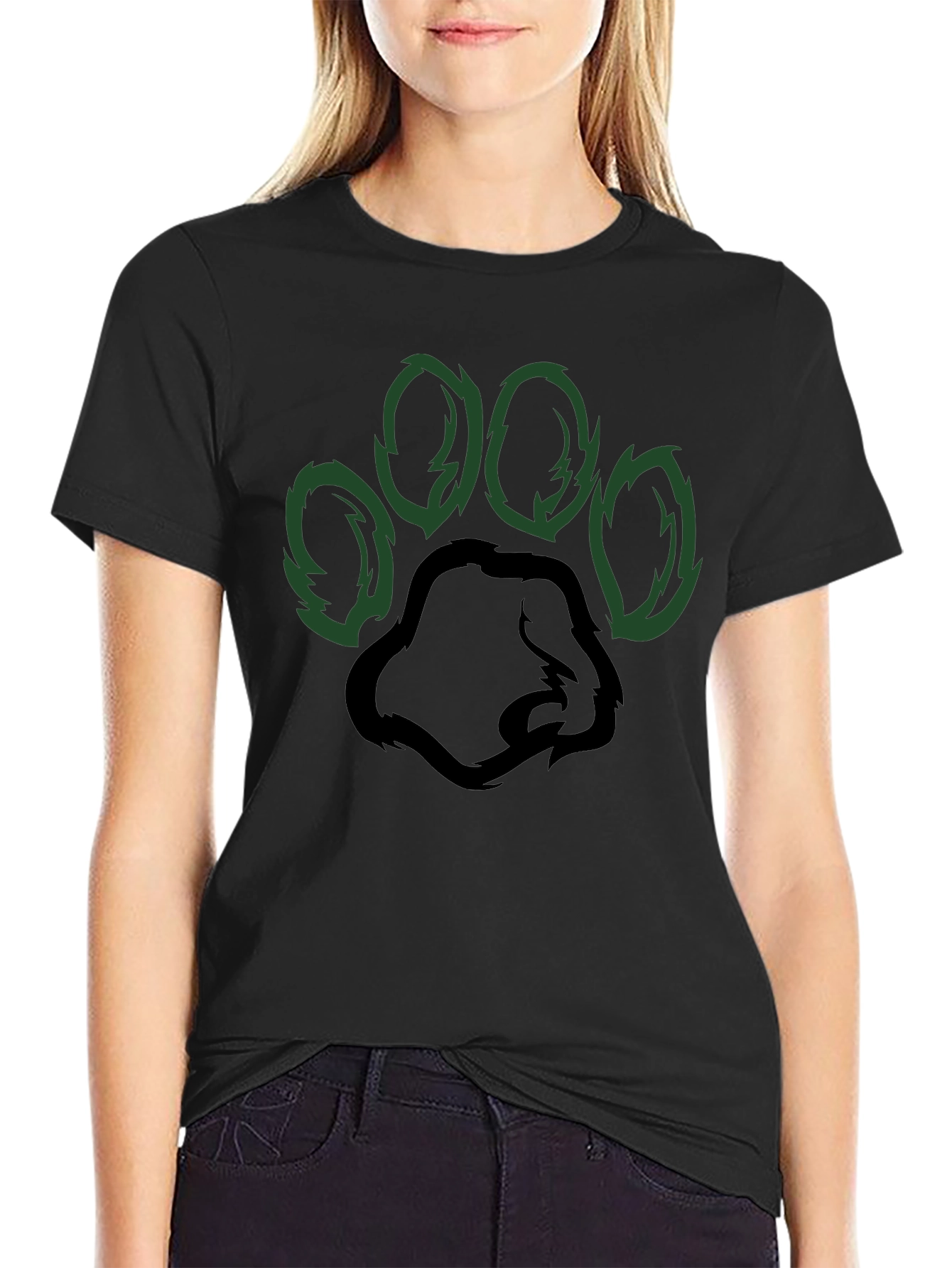 Black T-Shirt with Green Paw Print Design