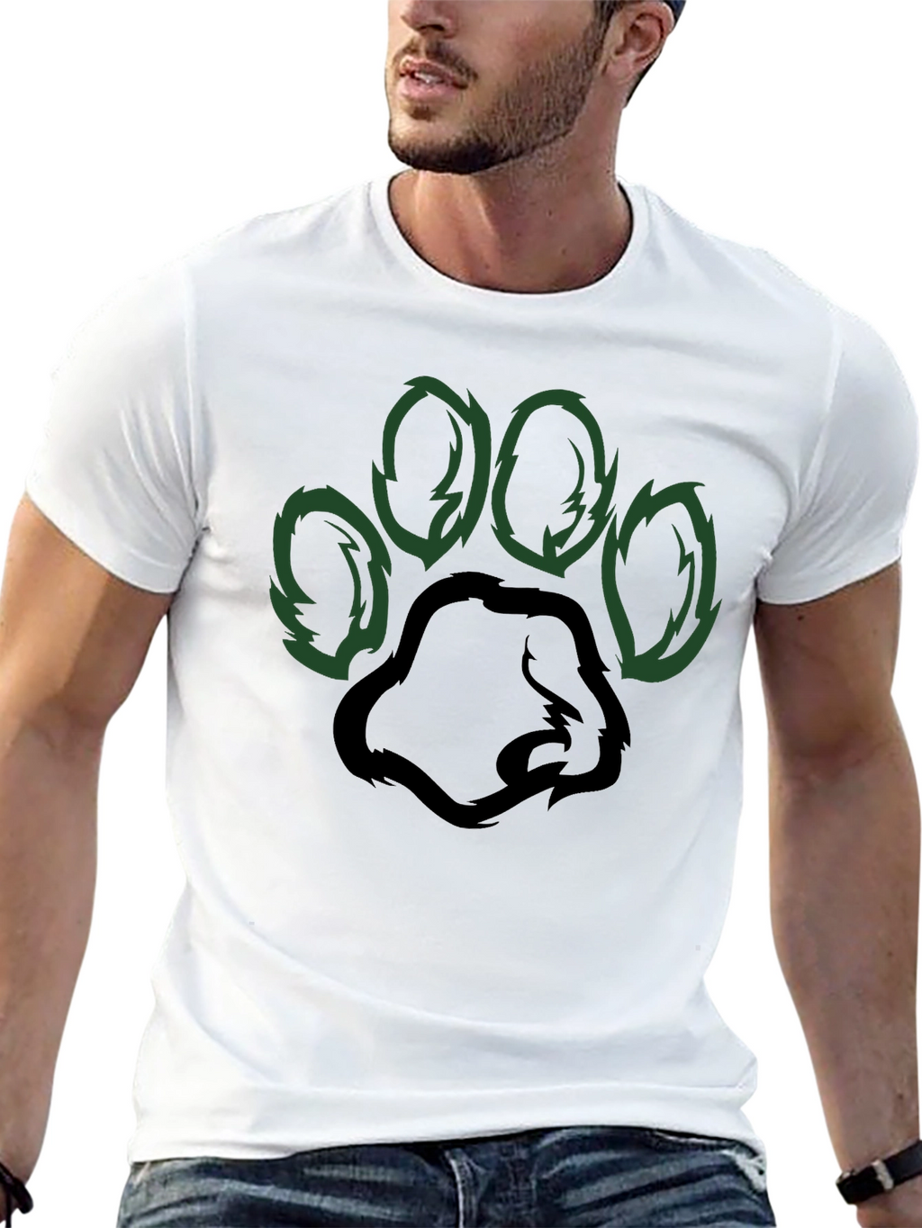 Black T-Shirt with Green Paw Print Design