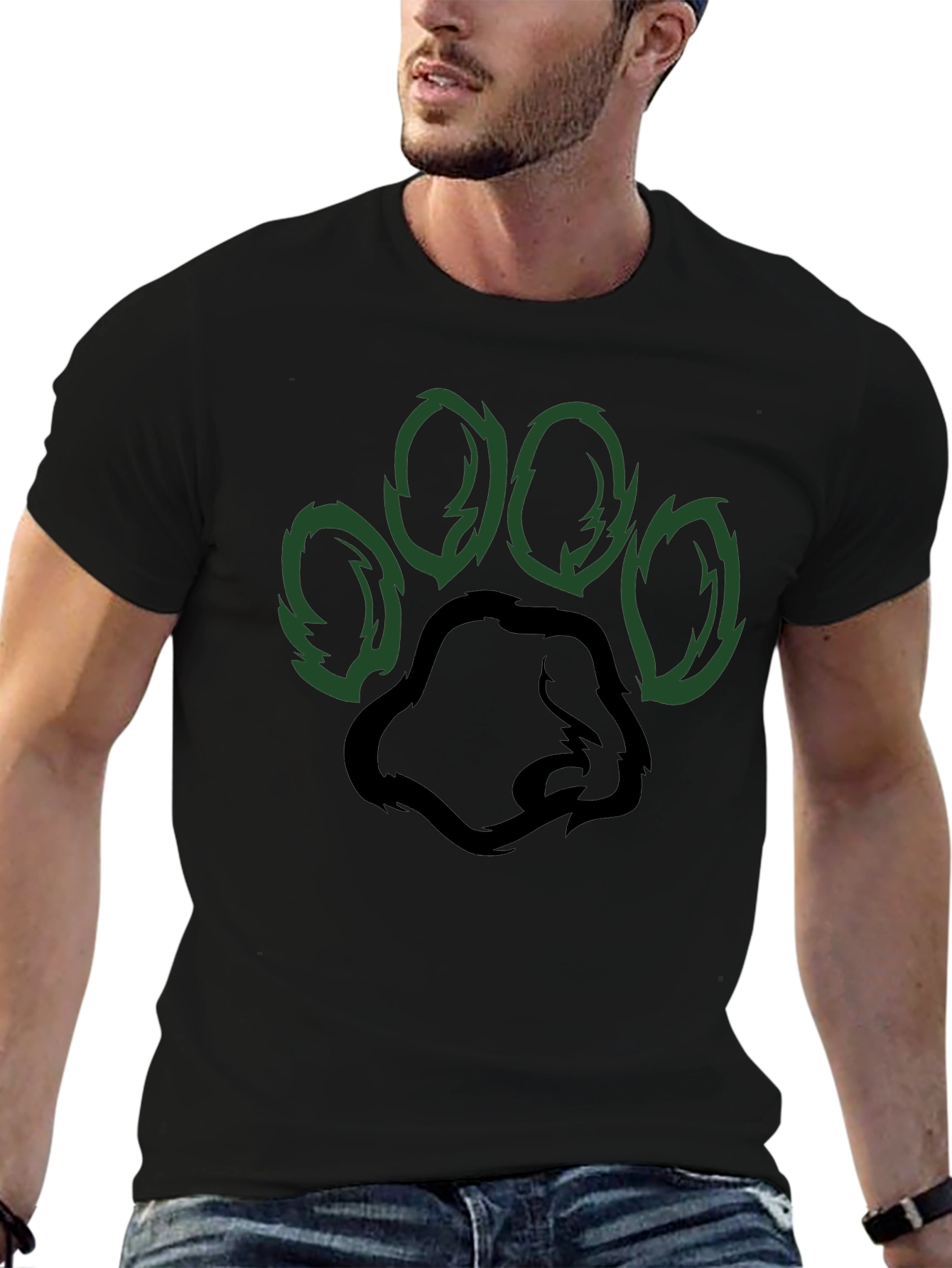 Black T-Shirt with Green Paw Print Design