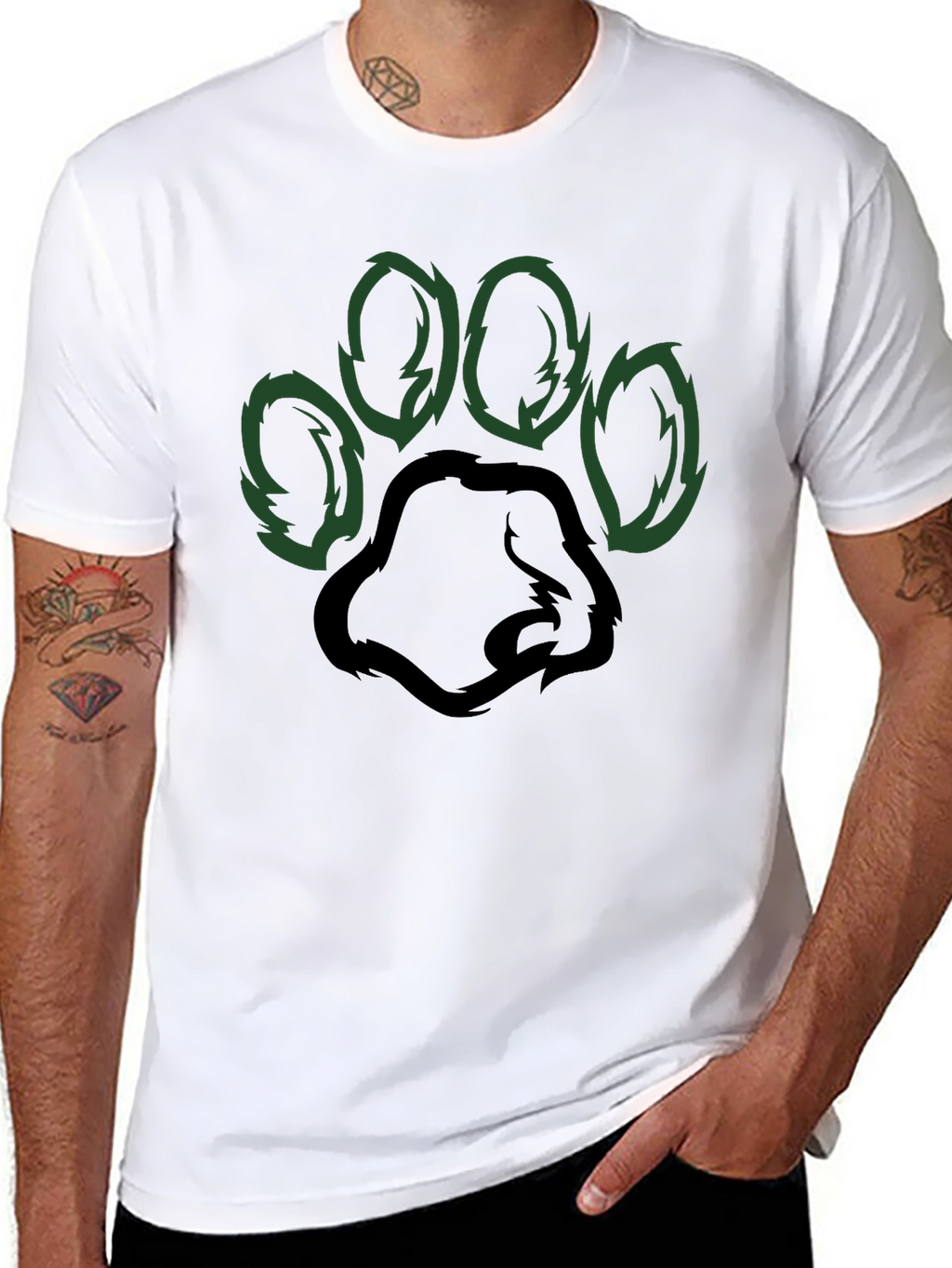 Black T-Shirt with Green Paw Print Design
