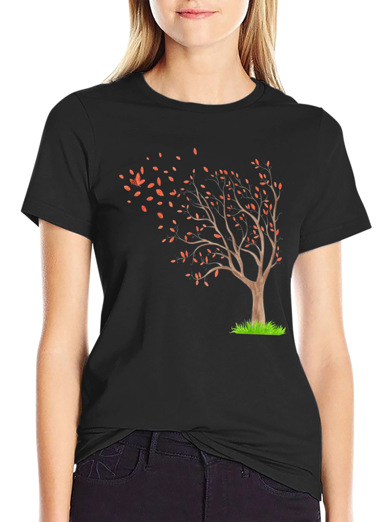 Autumn Tree Graphic Tee - Black Cotton Casual Shirt