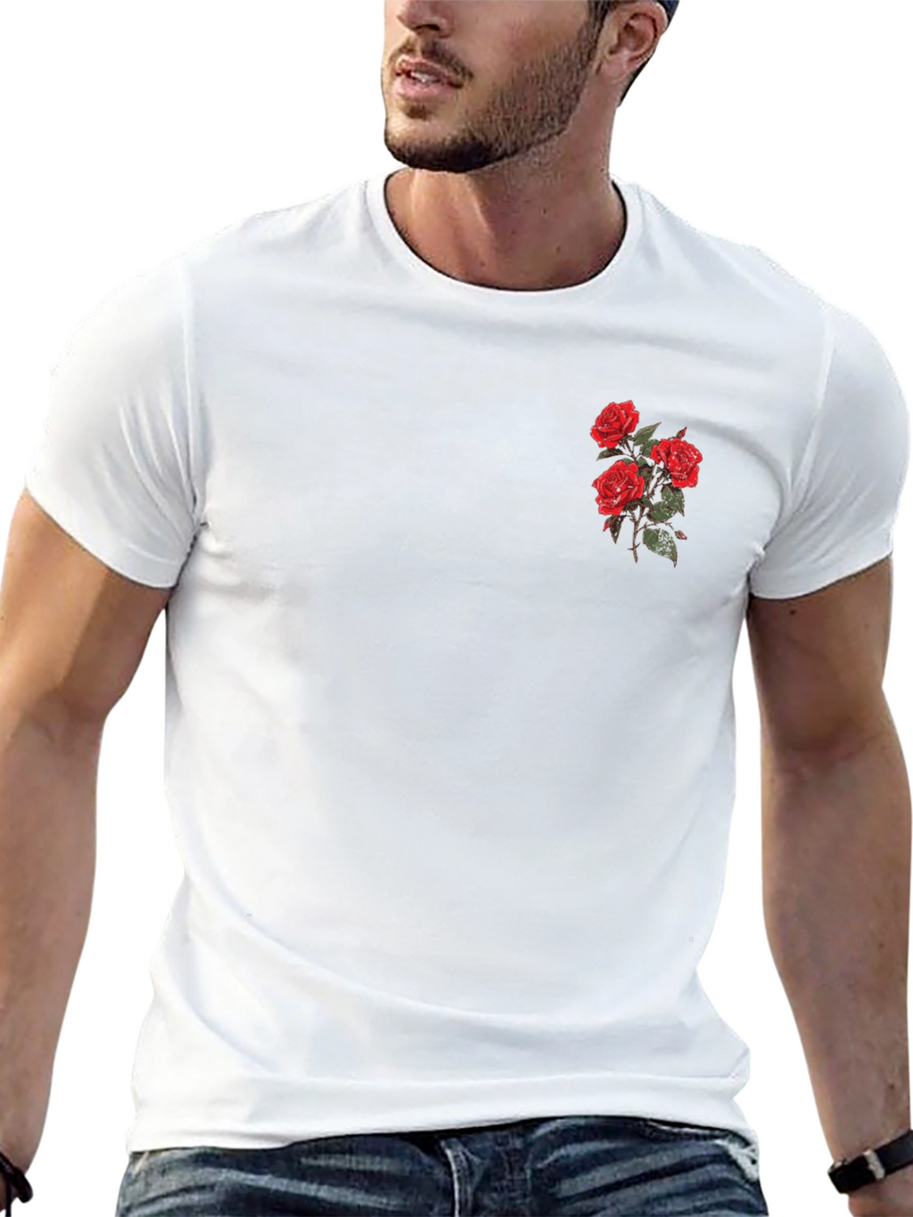 Black T-Shirt with Embroidered Red Roses