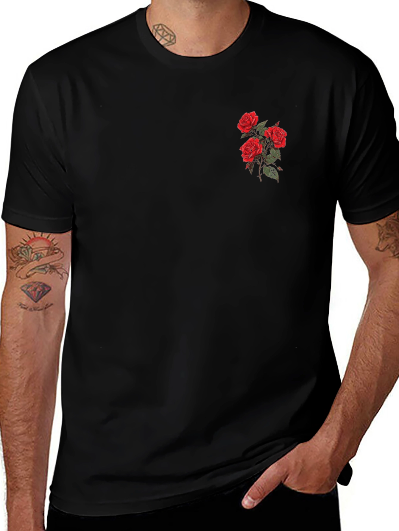 Black T-Shirt with Embroidered Red Roses