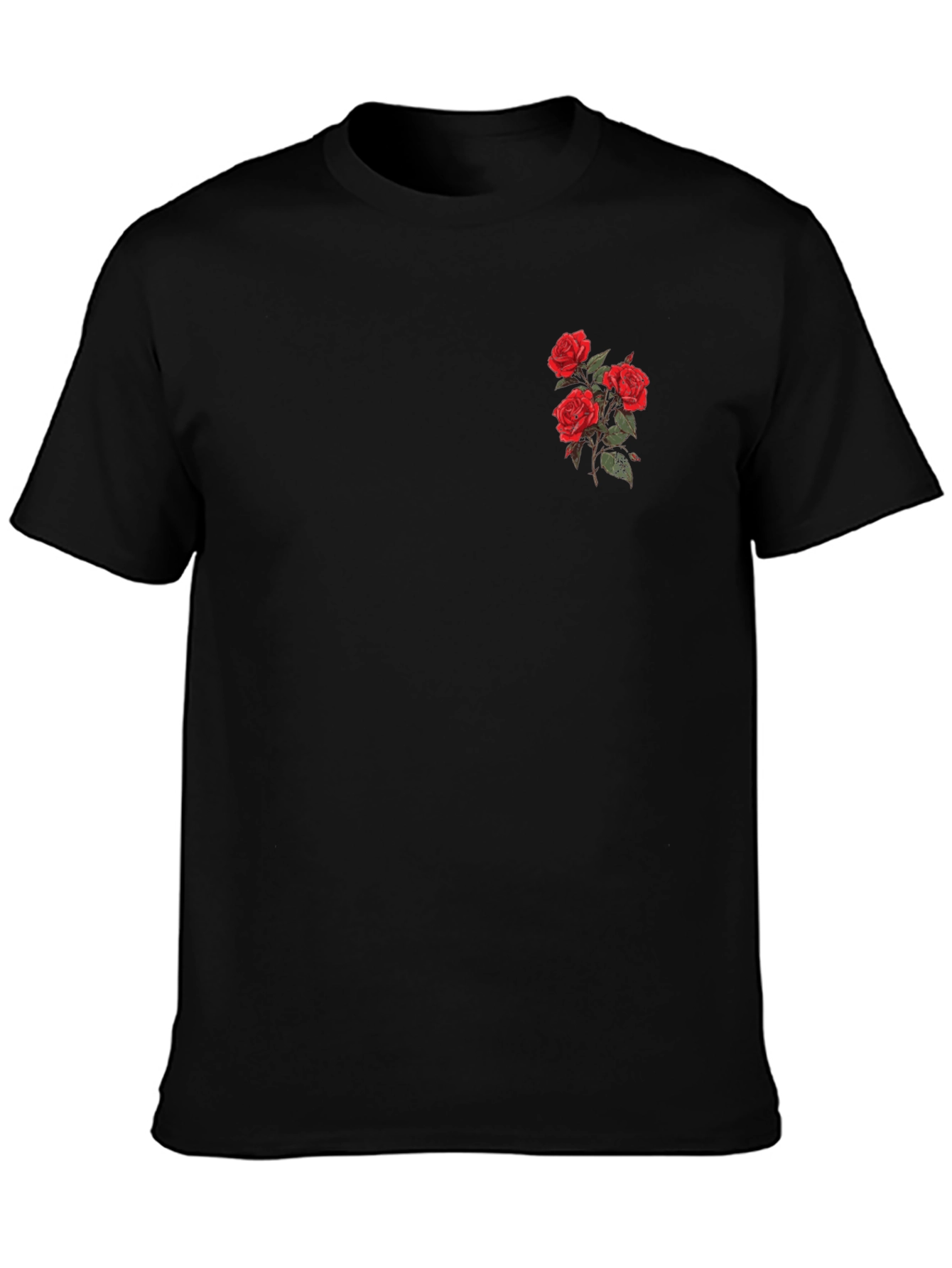 Black T-Shirt with Embroidered Red Roses