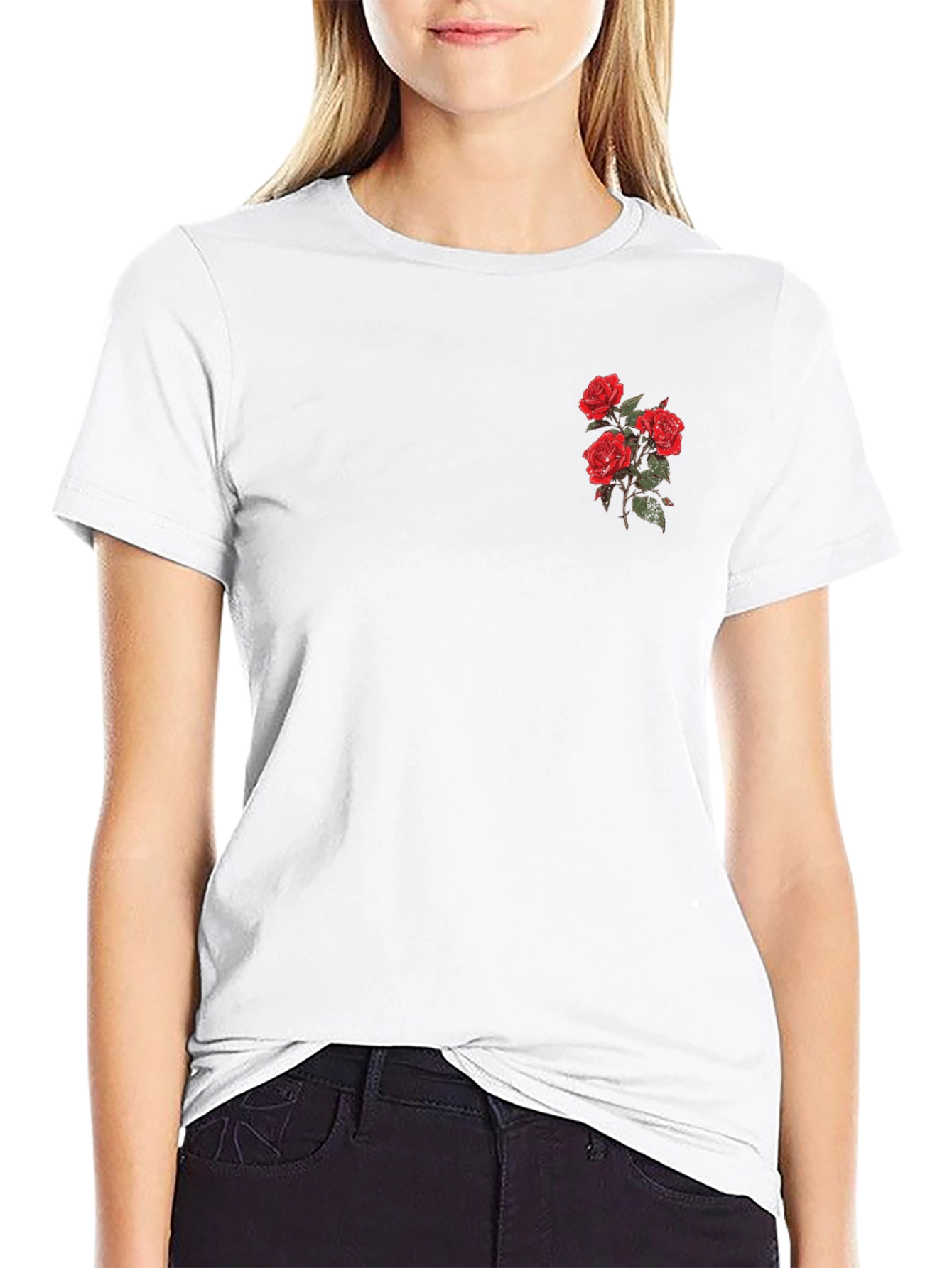 Black T-Shirt with Embroidered Red Roses