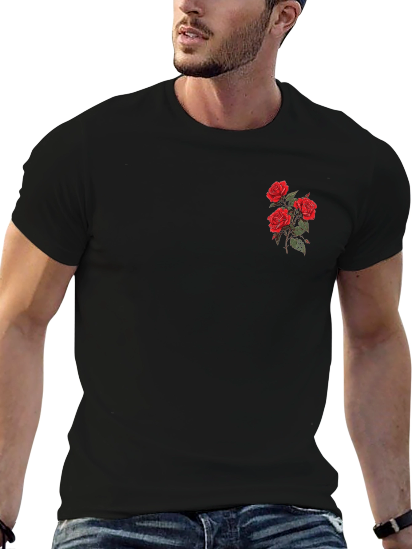 Black T-Shirt with Embroidered Red Roses