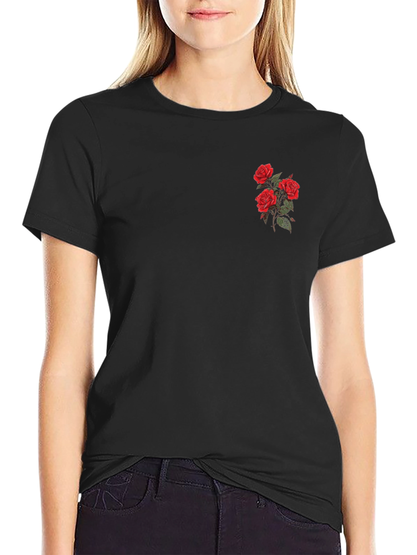 Black T-Shirt with Embroidered Red Roses