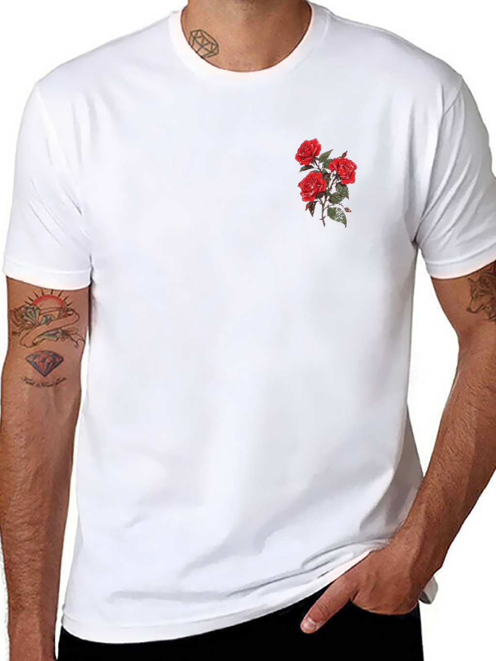 Black T-Shirt with Embroidered Red Roses