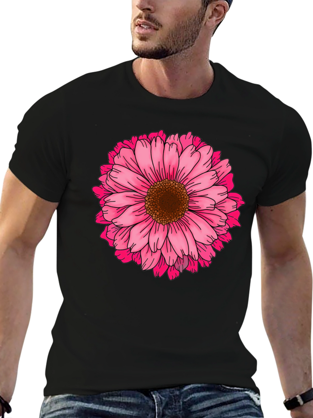 Black T-Shirt with Pink Daisy Flower Graphic