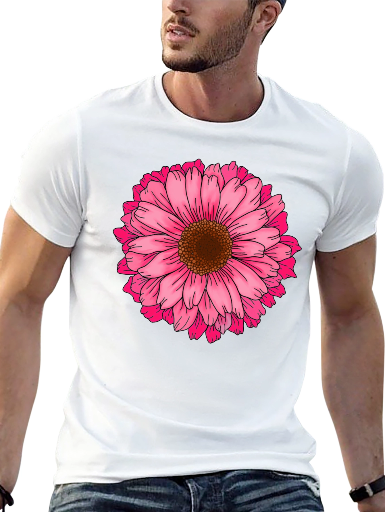 Black T-Shirt with Pink Daisy Flower Graphic