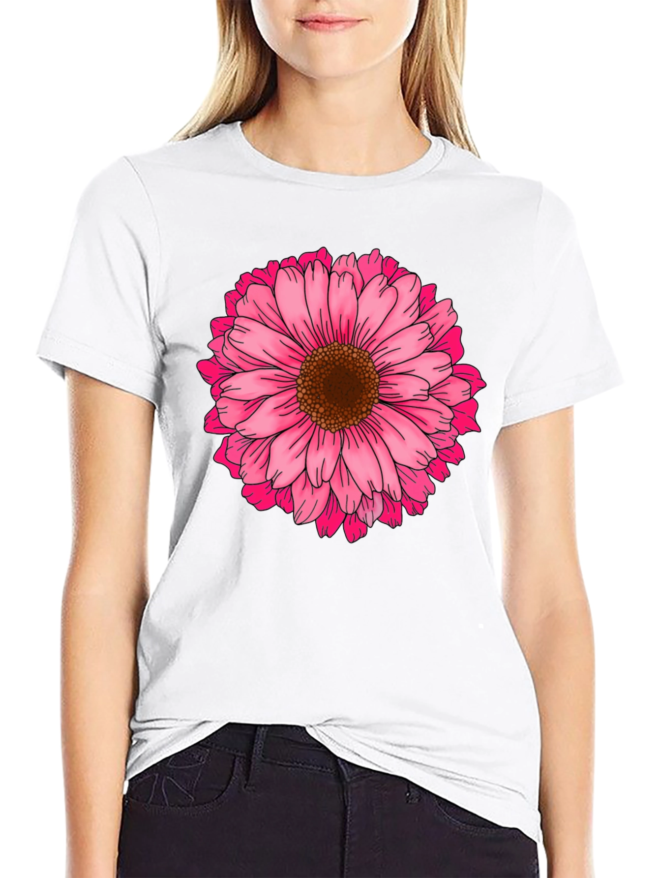 Black T-Shirt with Pink Daisy Flower Graphic