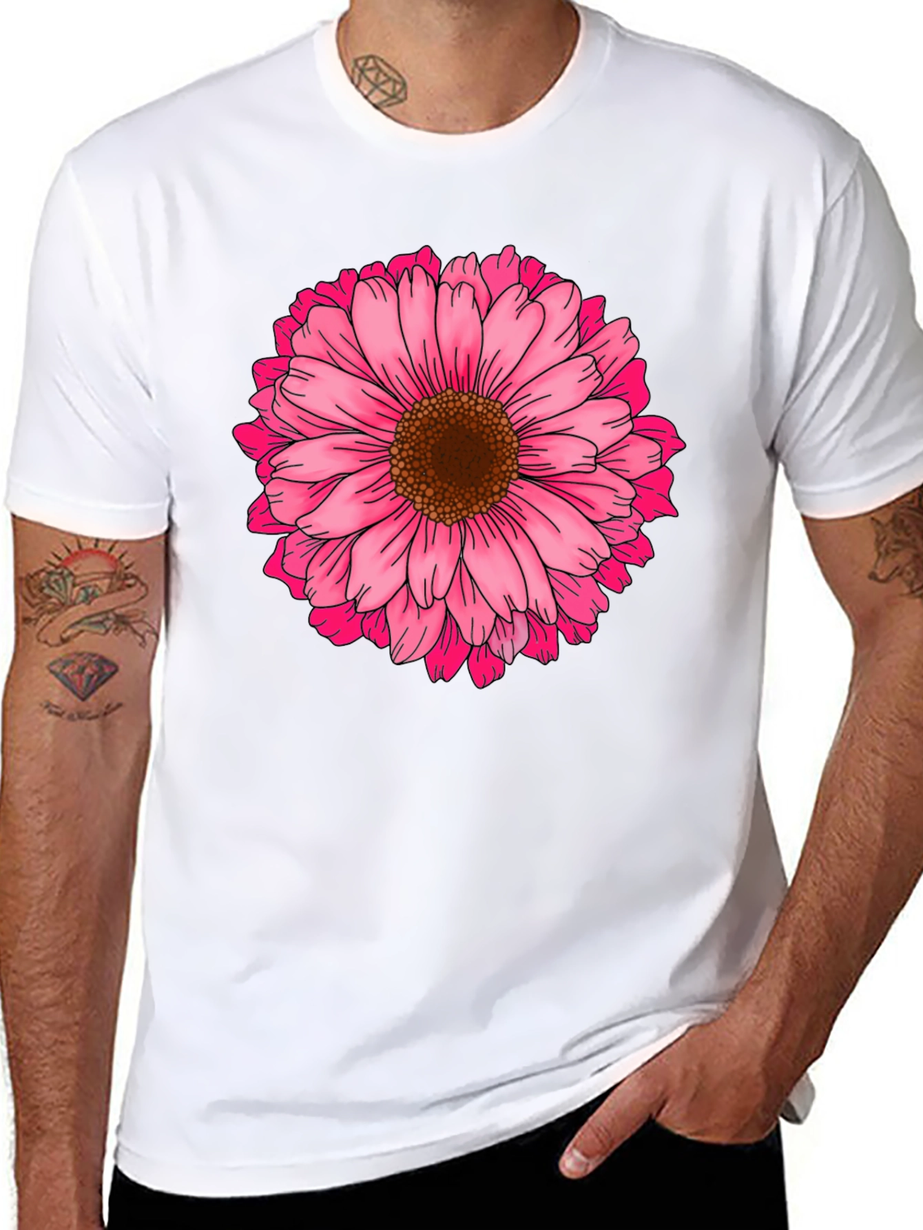 Black T-Shirt with Pink Daisy Flower Graphic