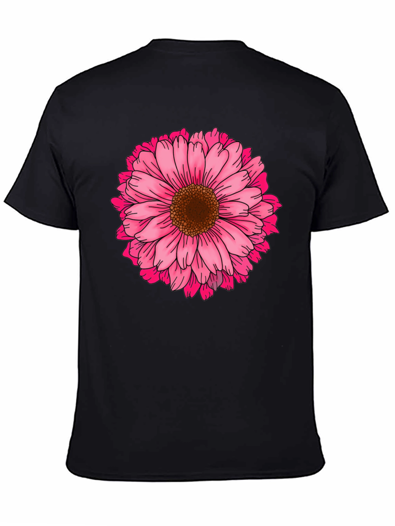 Black T-Shirt with Pink Daisy Flower Graphic