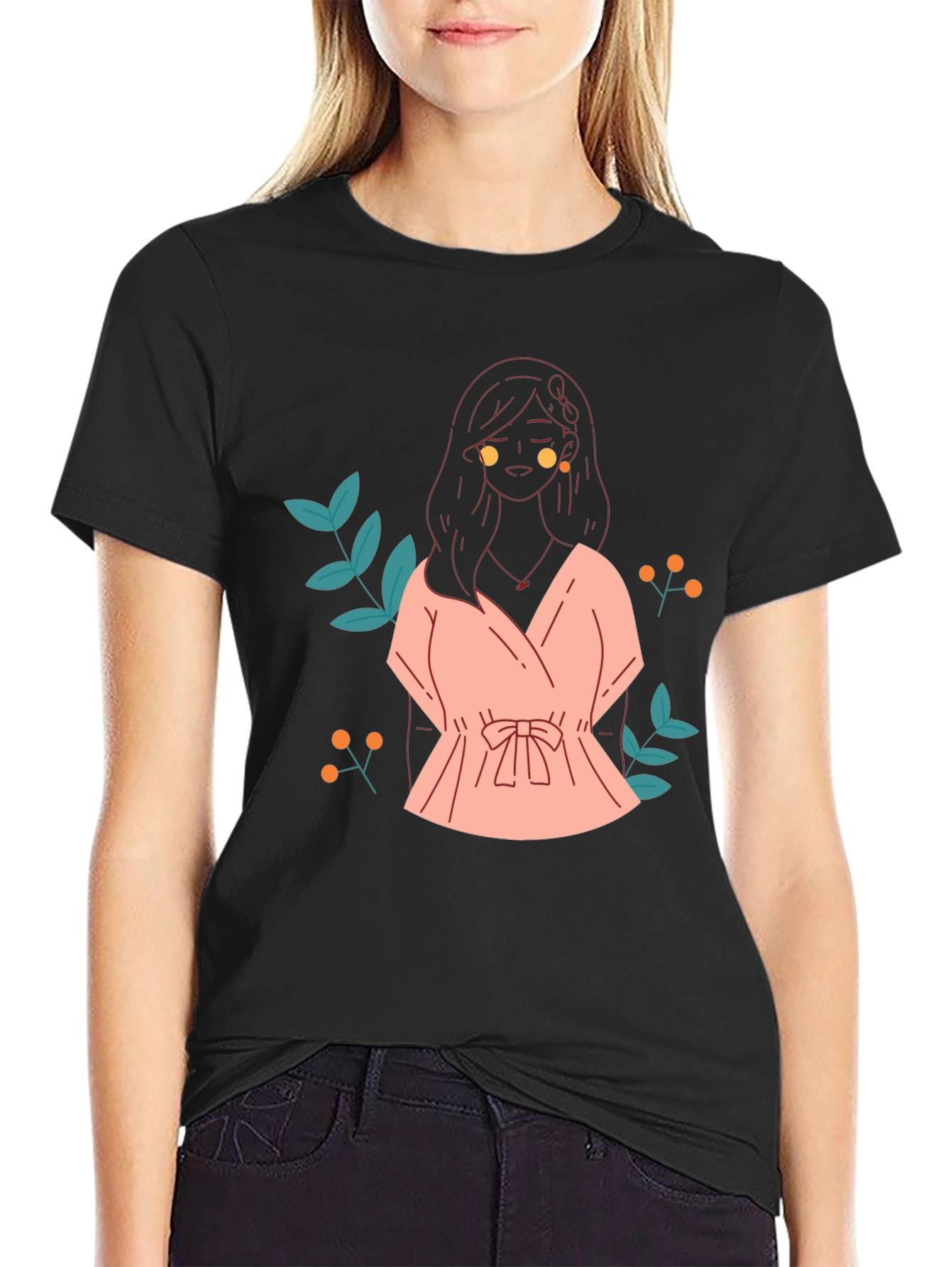 Black T-Shirt with Girl in Pink Dress Graphic Print