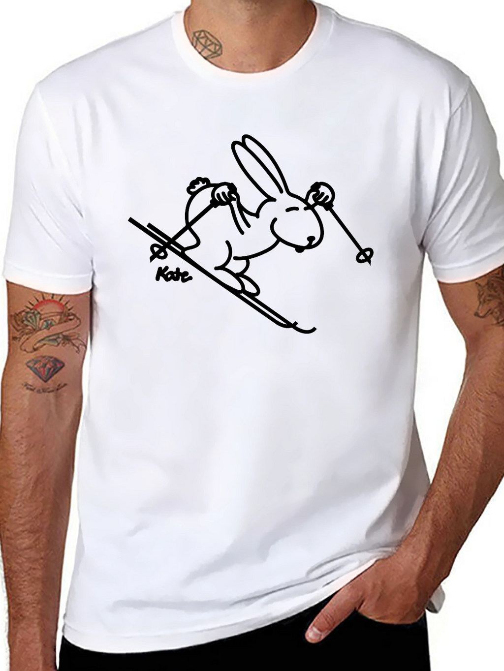Black T-Shirt with Skiing Rabbit Design