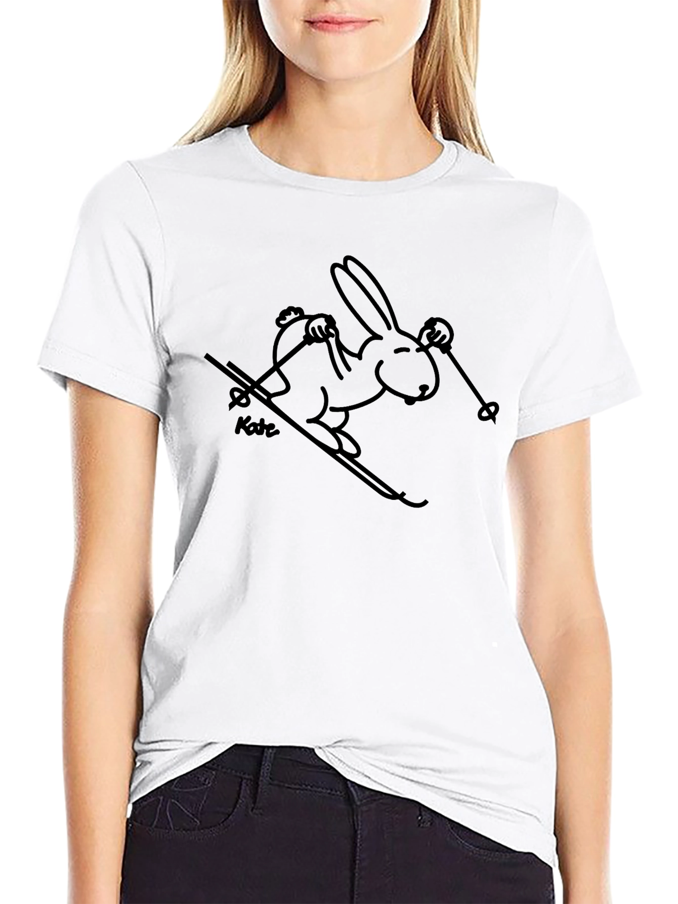 Black T-Shirt with Skiing Rabbit Design