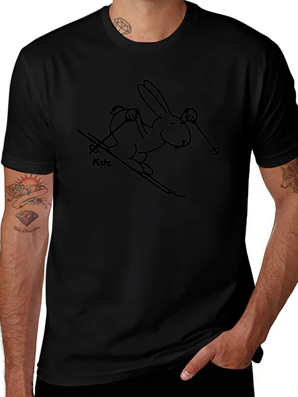 Black T-Shirt with Skiing Rabbit Design