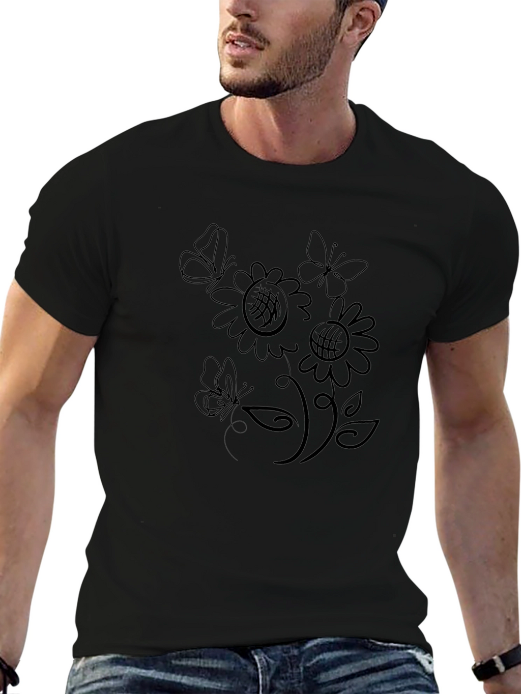 Black T-Shirt with Floral Butterfly Design