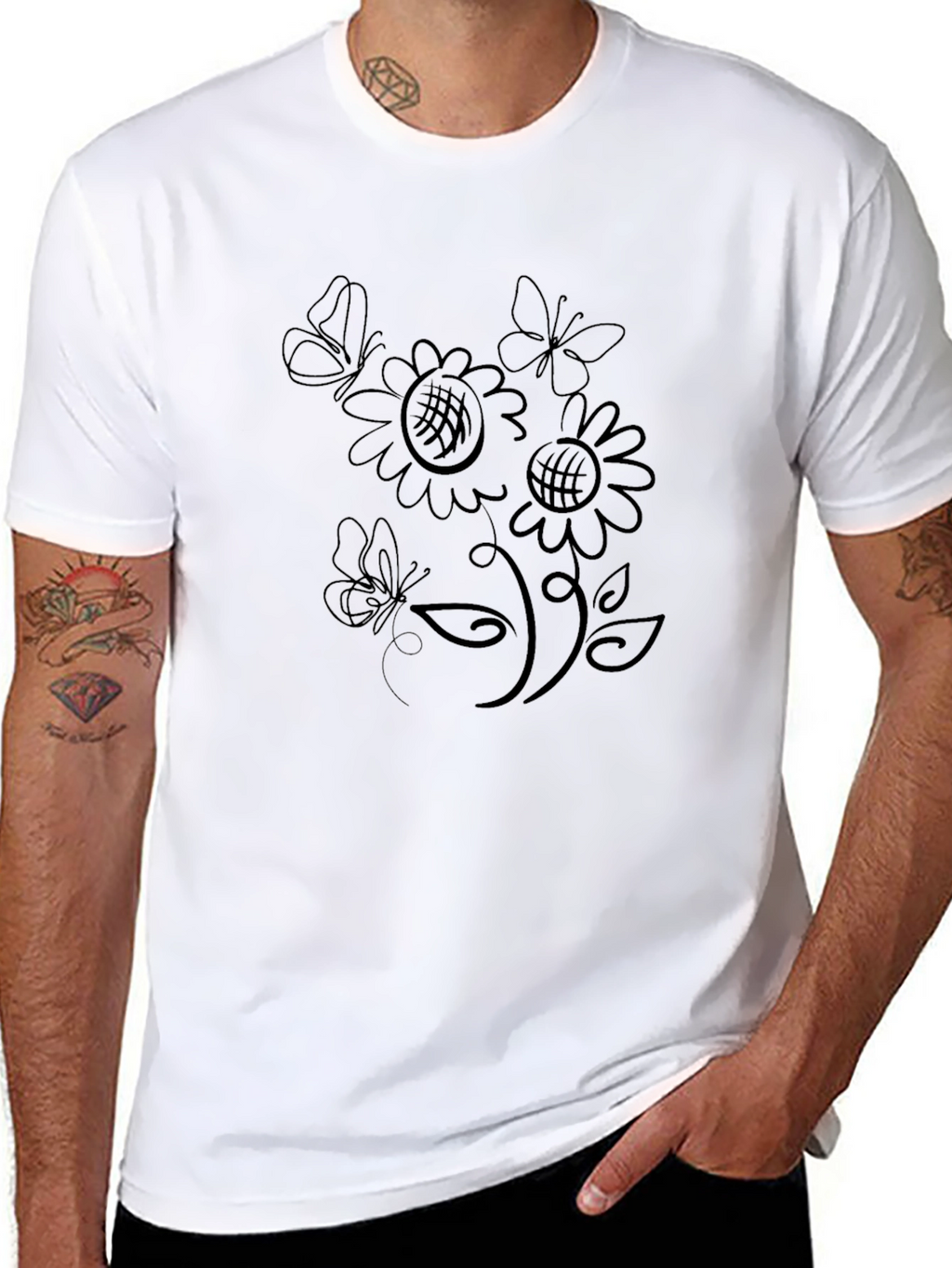 Black T-Shirt with Floral Butterfly Design