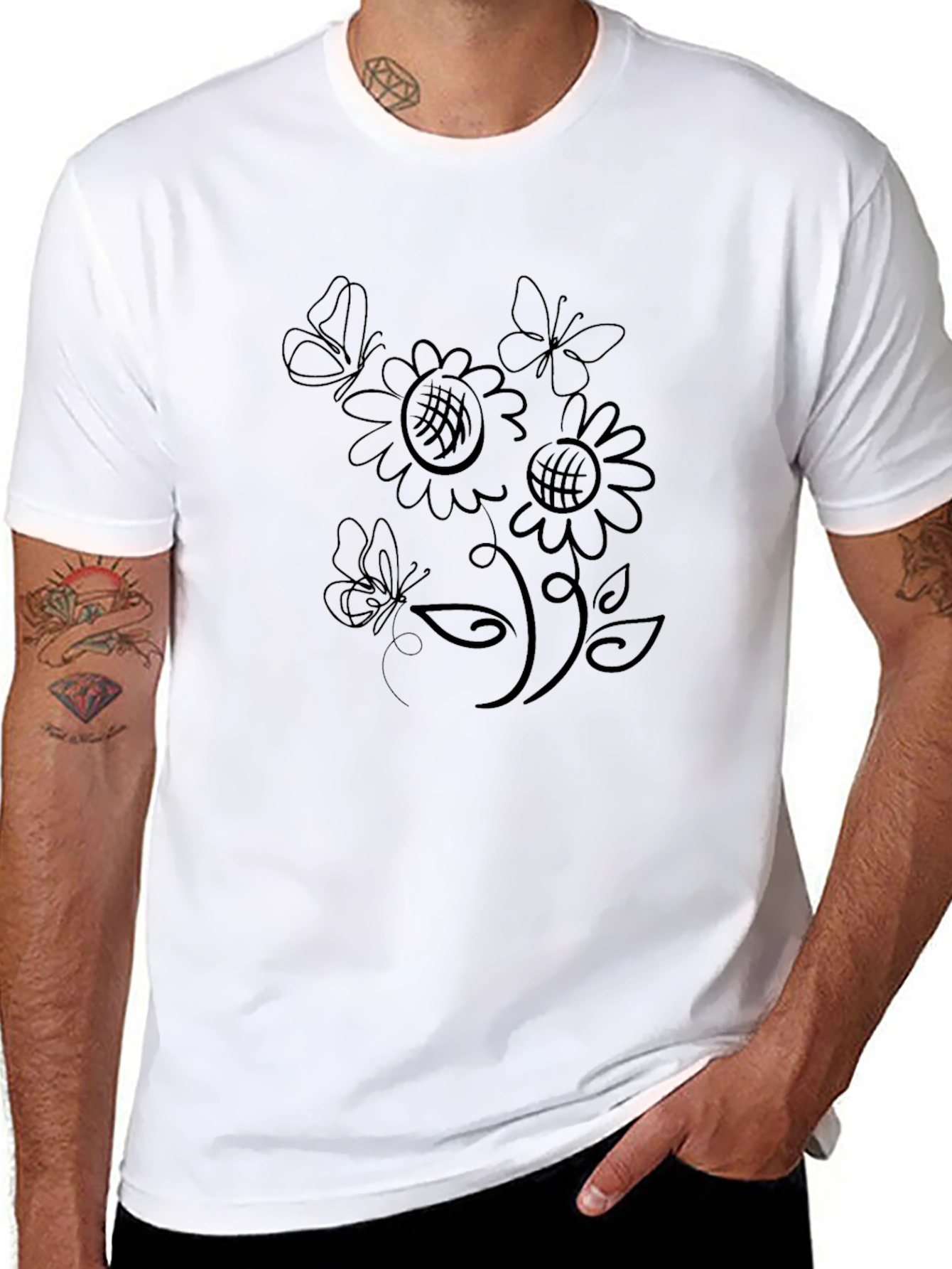 Black T-Shirt with Floral Butterfly Design