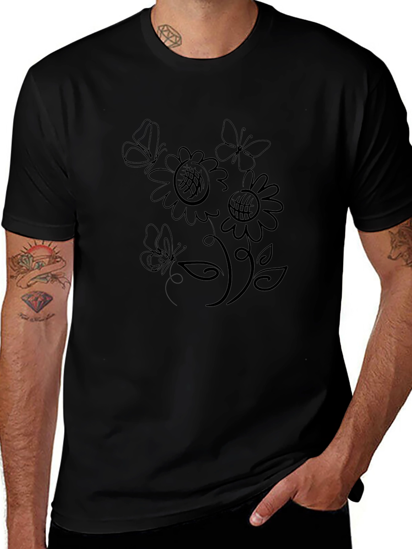 Black T-Shirt with Floral Butterfly Design