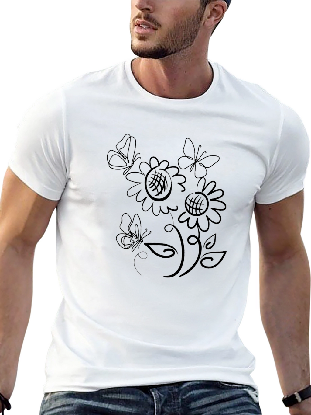 Black T-Shirt with Floral Butterfly Design